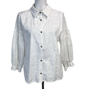 Ivy City Co. White Eyelet Blouse Jacket size Large Puffy Sleeves Wedding Prairie